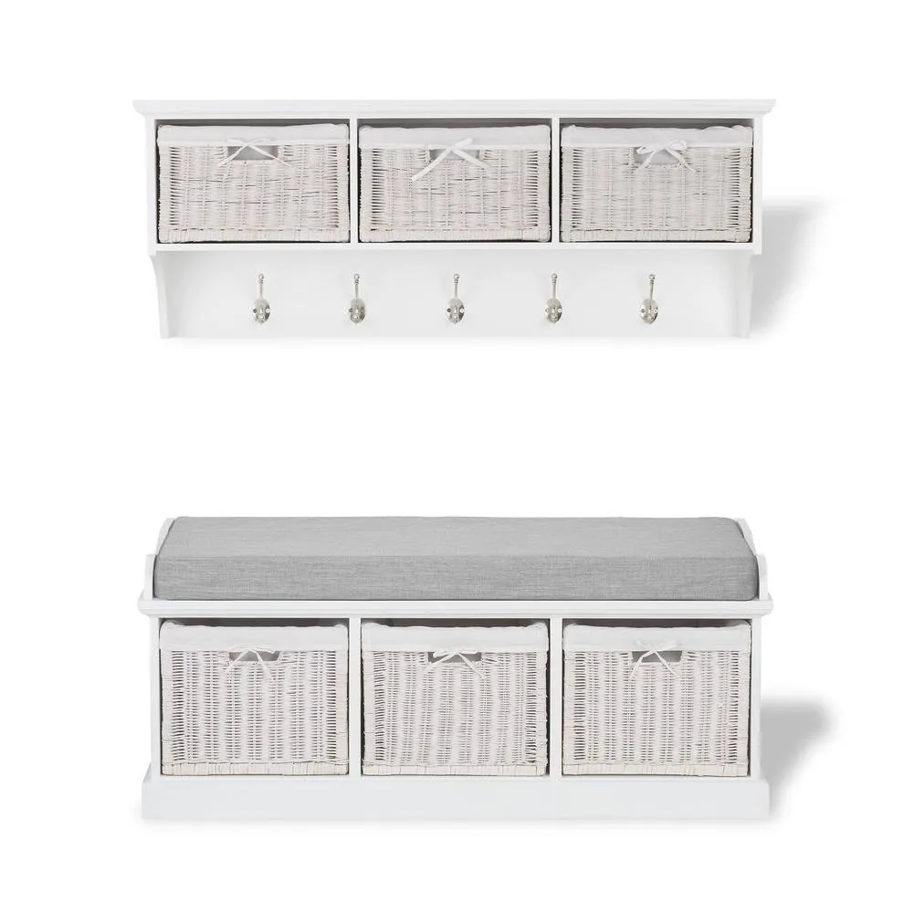 Statement Furniture Tetbury 3 White Wicker Basket & Grey Cushion Hallway Set 3