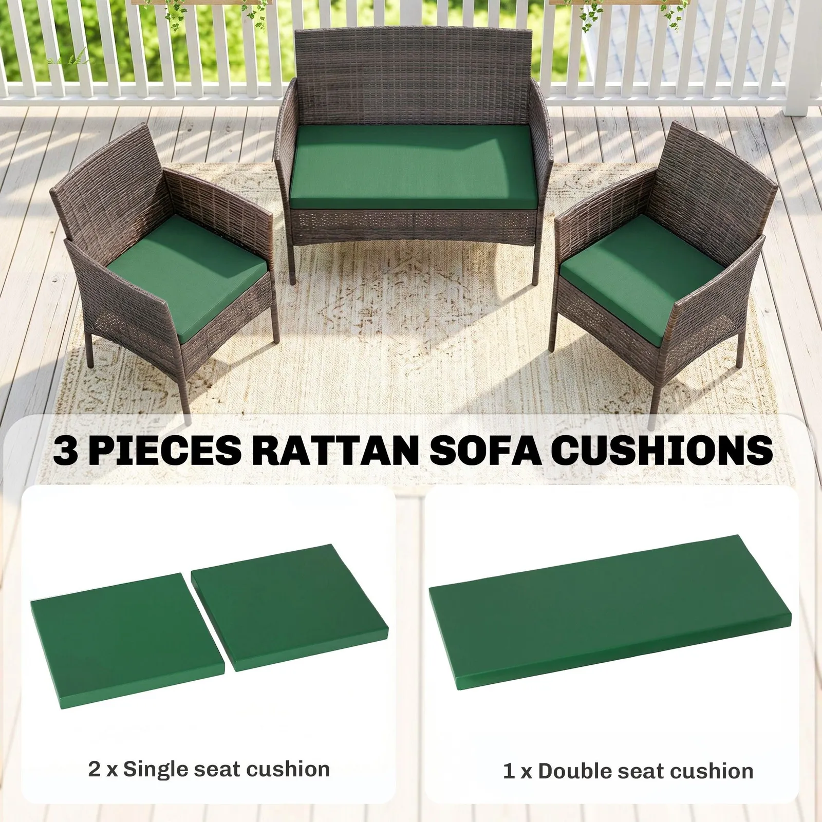 OUTSUNNY 3PCs Rattan Garden Seat Cushions Pads for Patio Furniture Green 4