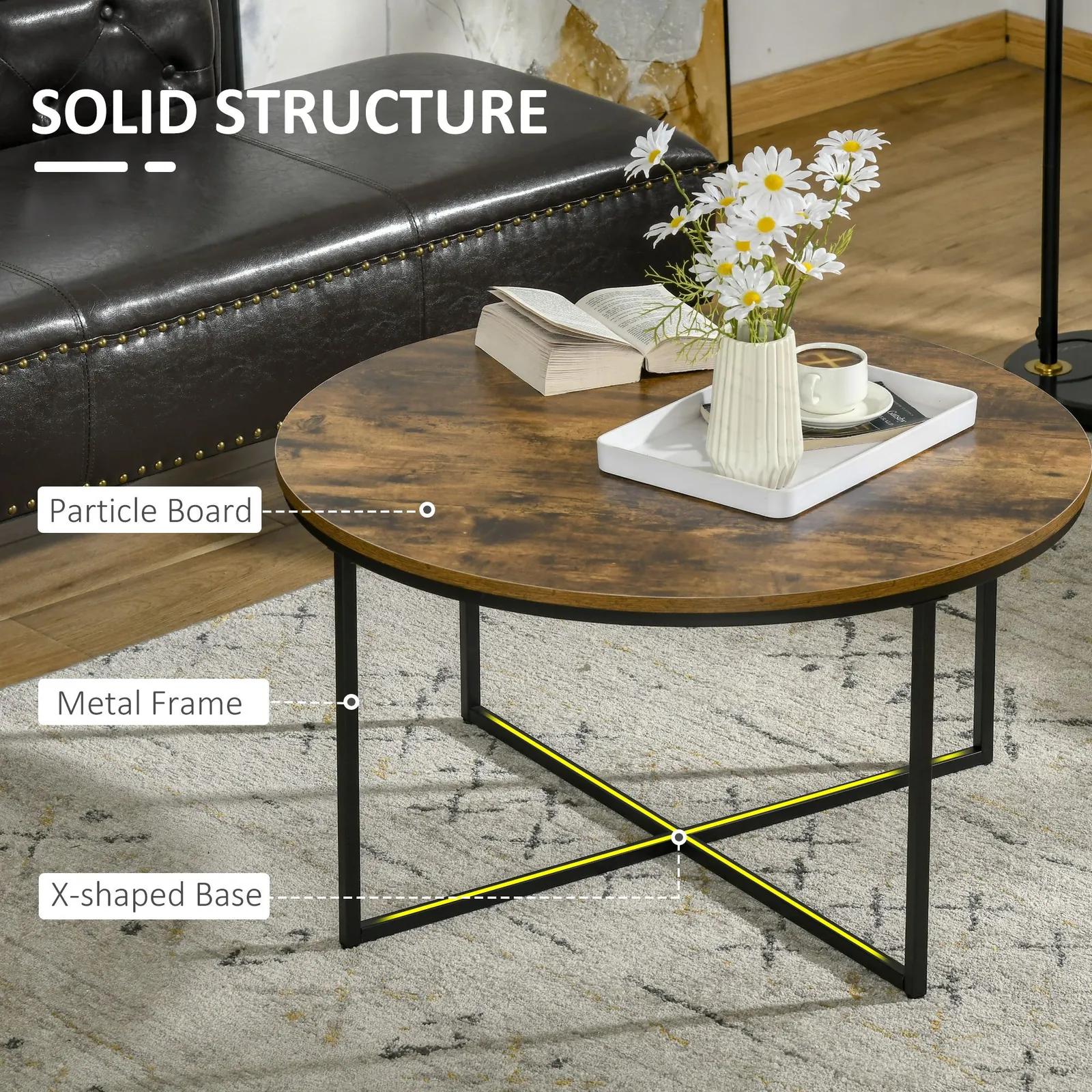 HOMCOM Coffee Table Industrial Round Side Table Metal Frame Living Room in Brown 6
