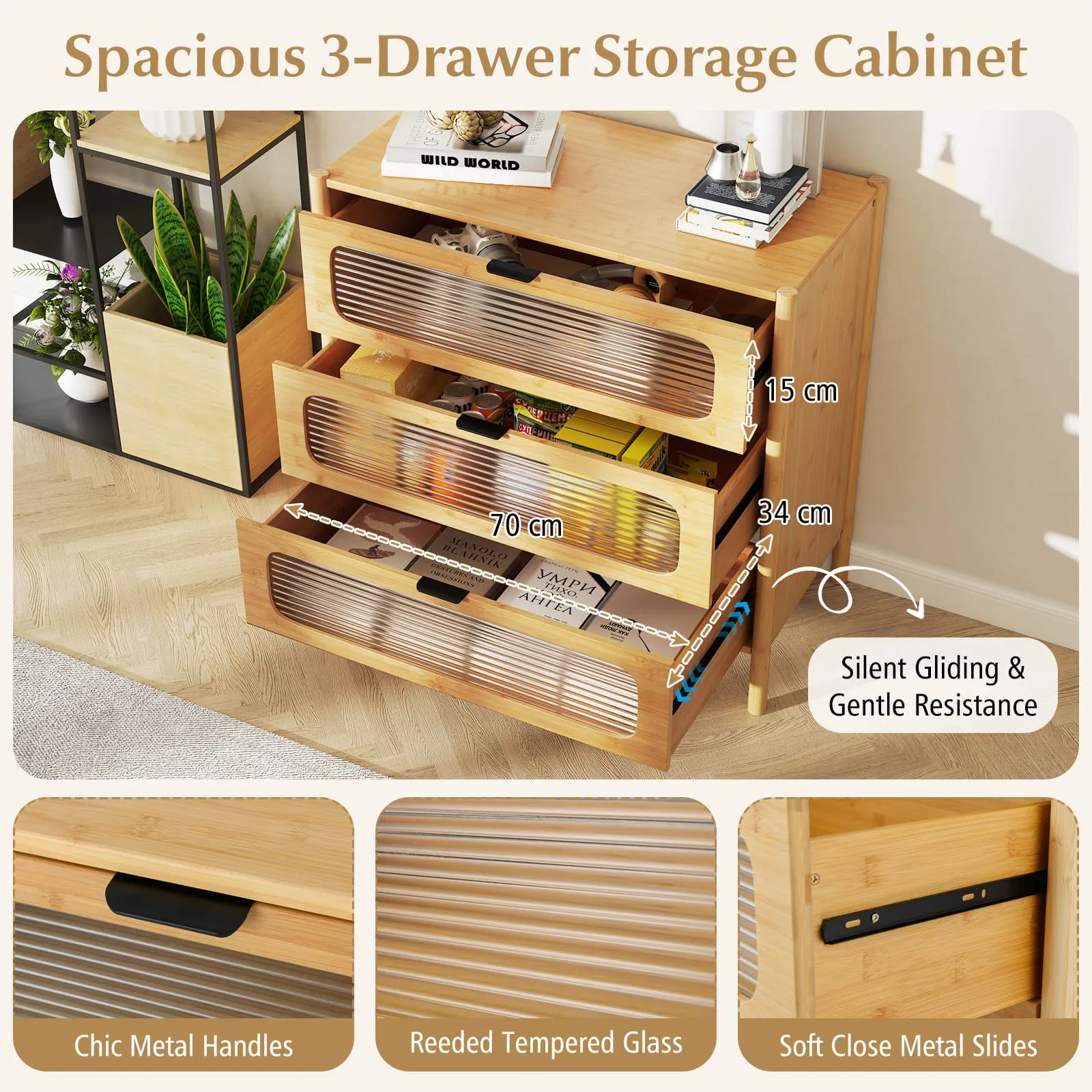 Costway 3-Drawer Dresser Mid Century Modern Chest of Drawers in Natural 5