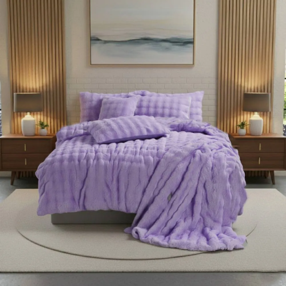 Snug City Rabbit Faux Fur Teddy Duvet Cover Set Ultra Soft Plush Bedding in Purple