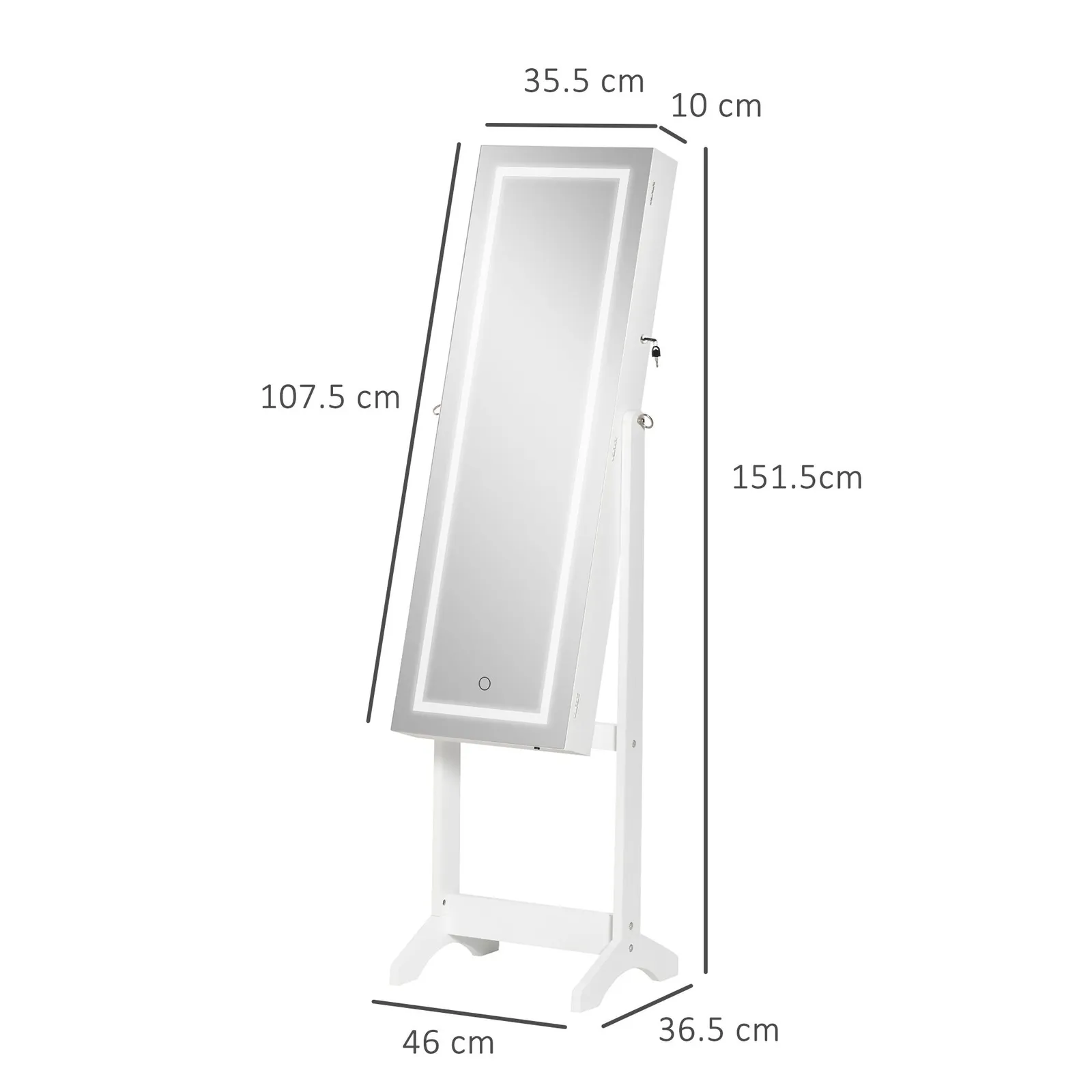 HOMCOM Jewellery Cabinet with LED Light Lockable Jewellery Organiser in White 3