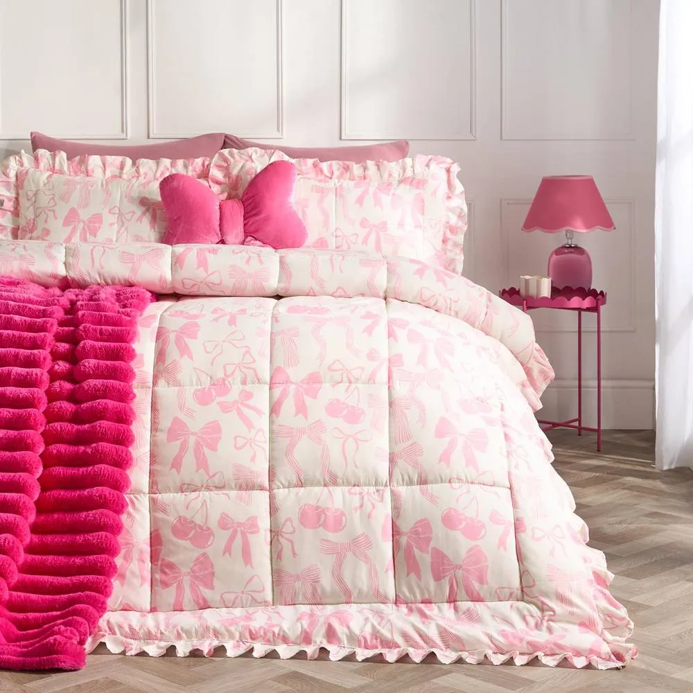 OHS Bows Frill Edge Coverless 7.5 Tog Duvet Set with Pillowcase in Pink