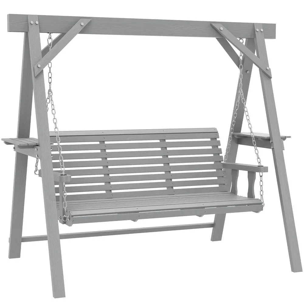 OUTSUNNY 3 Seater Wooden Garden Swing Chair with Side Tables, Dark Grey 2