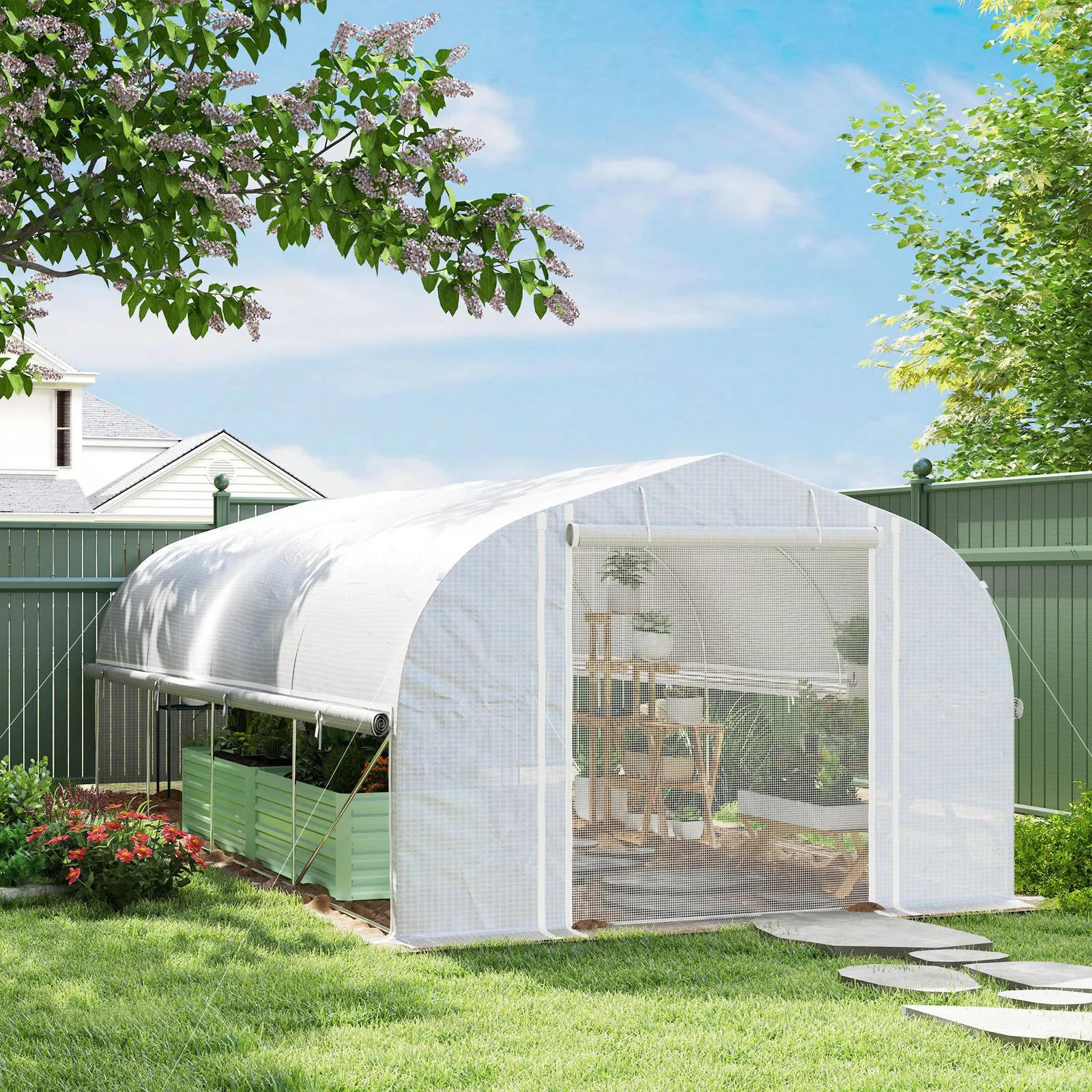 OUTSUNNY Polytunnel Greenhouse W/ Roll-up Sidewalls, Mesh Door, 6 x 3 x 2m in White