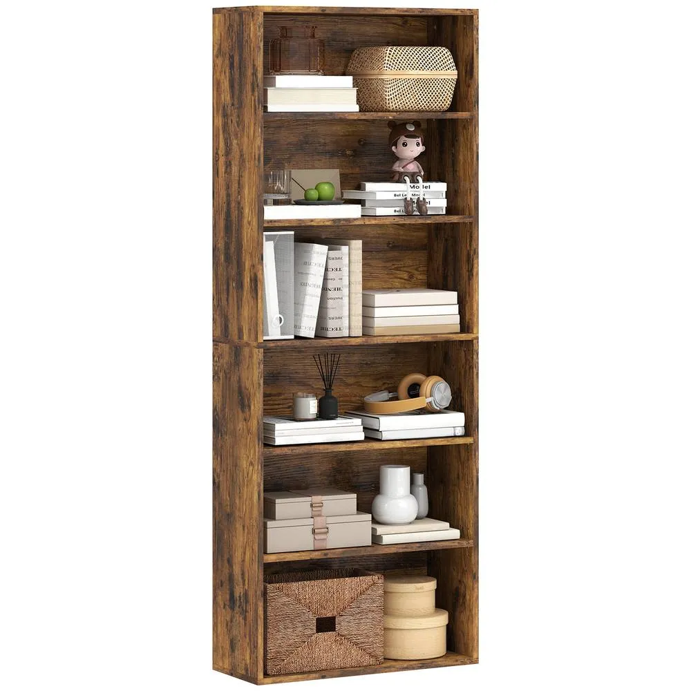 HOMCOM 6 Tier Bookshelf, Freestanding Bookcase with Adjustable Shelves, Brown 2