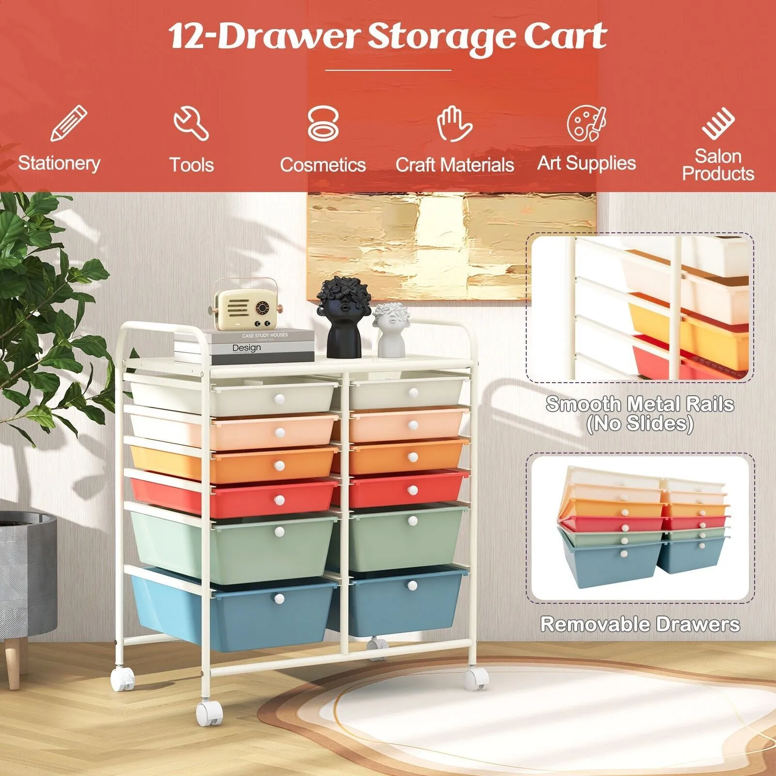 Costway 12 Drawer Rolling Storage Cart Office Lightweight Utility Cart with Lockable Wheels 4