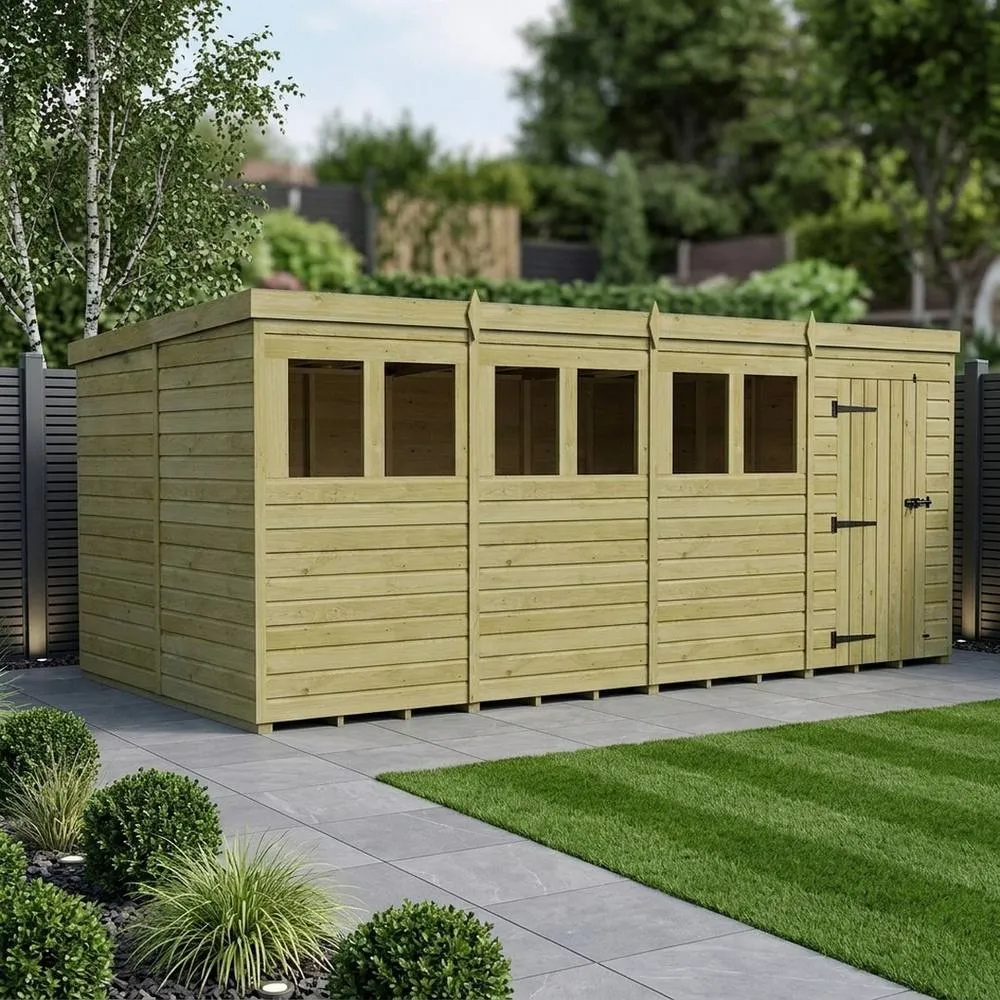 Buttercup Farm 16ft x 10ft Pent Garden Shed Single Door With Windows - Timber in Brown 2