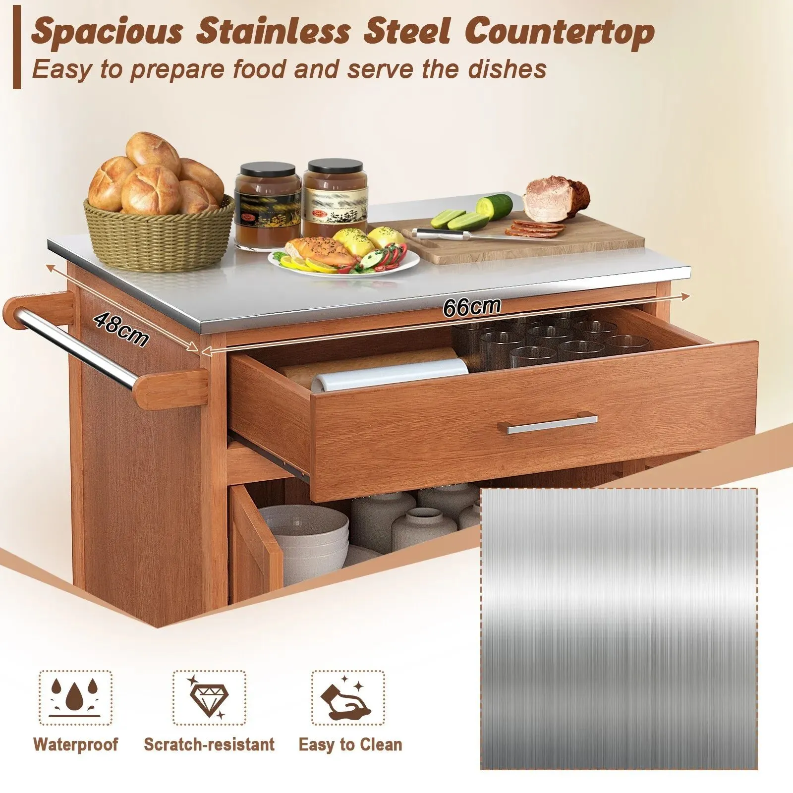 Costway Kitchen Island Rolling Storage Cabinet Trolley Cart Stainless Steel Countertop in Light Oak 3