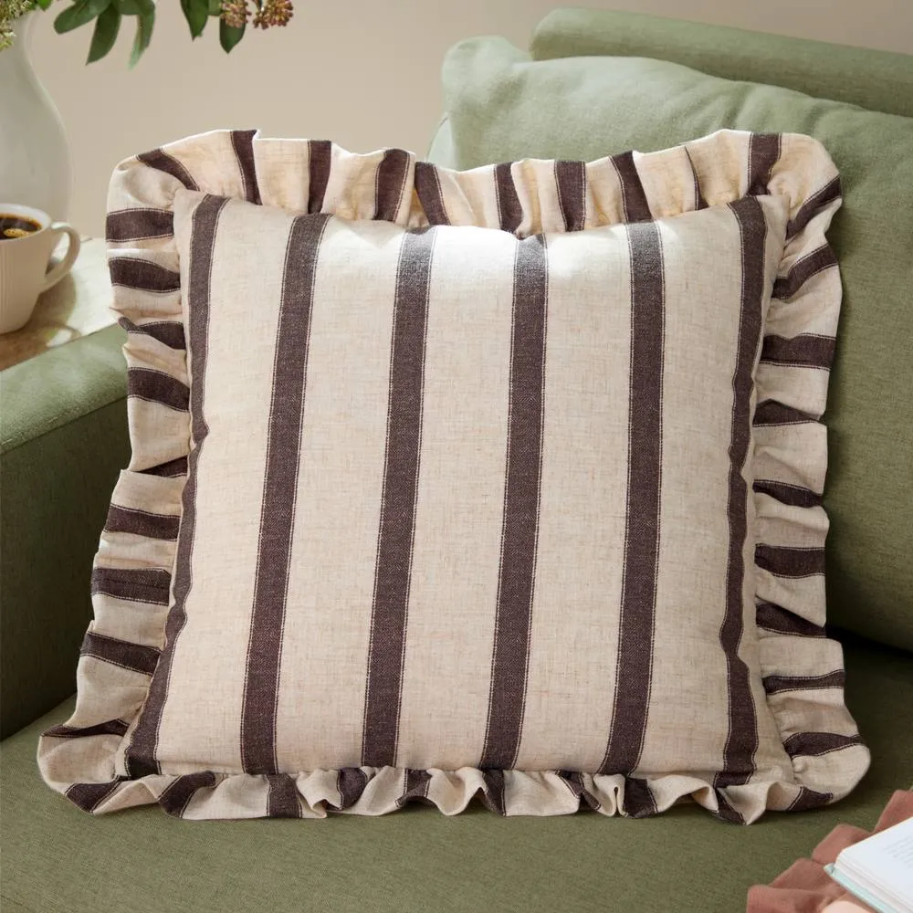 Wylder Connie Square Striped Ruffle Cushion in Chocolate 1