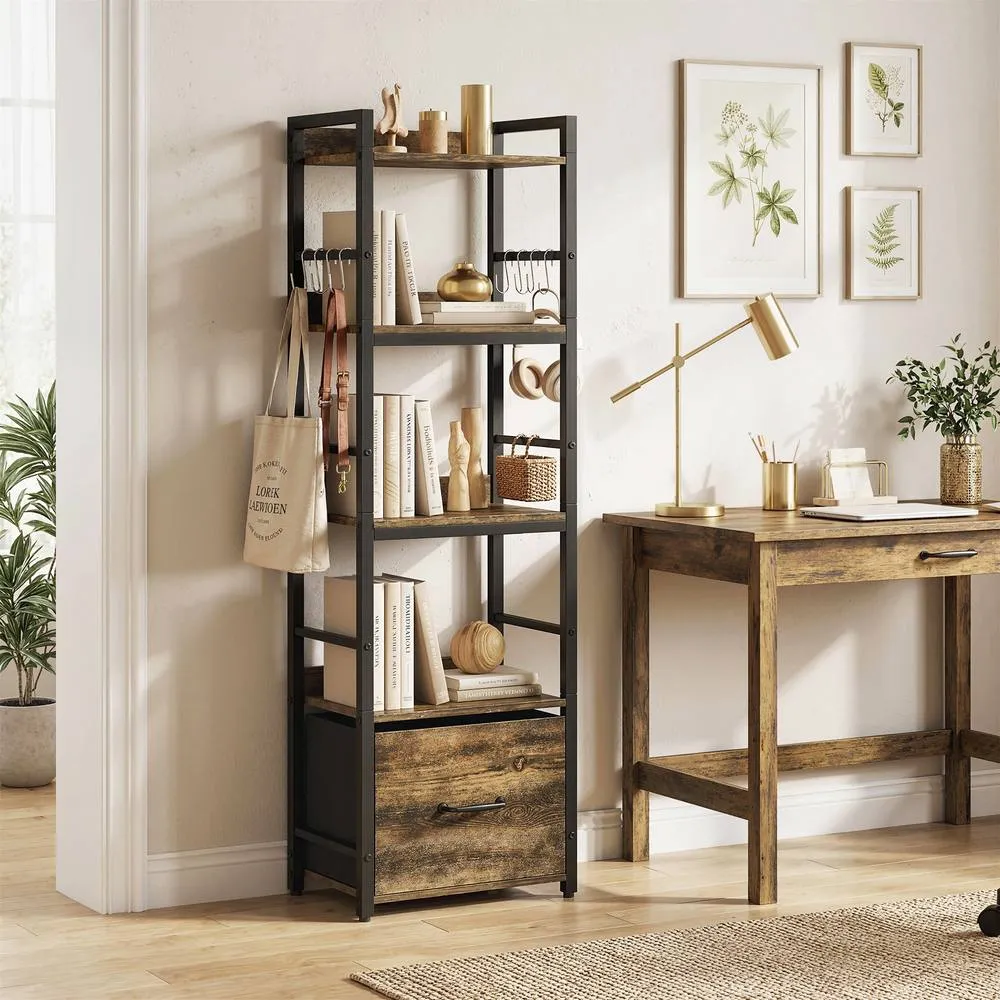 HOMCOM 4-Tier Bookshelf, Shelving Unit with Drawer, 8 Hooks in Brown 1