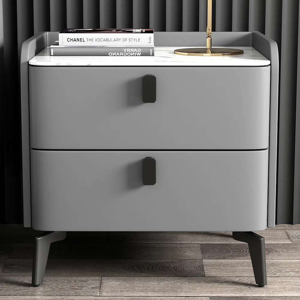 Sintered Stone Top 2-Drawer Leather Bedside Table