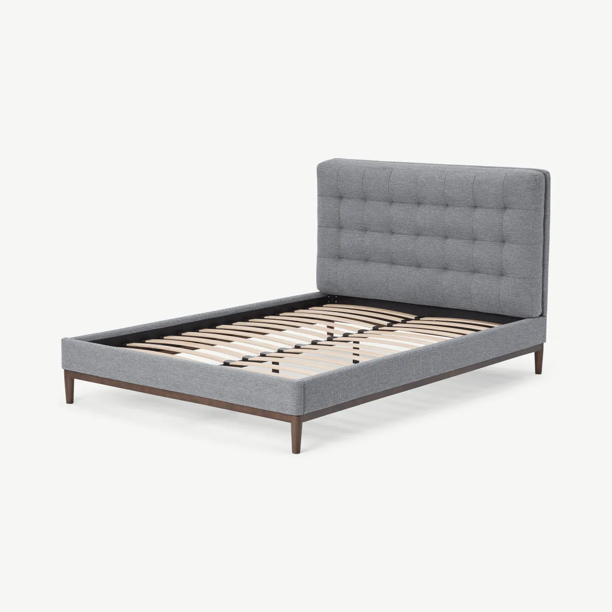 Lavelle King Size Bed, Blue Grey Tonal Weave & Walnut Stain Legs