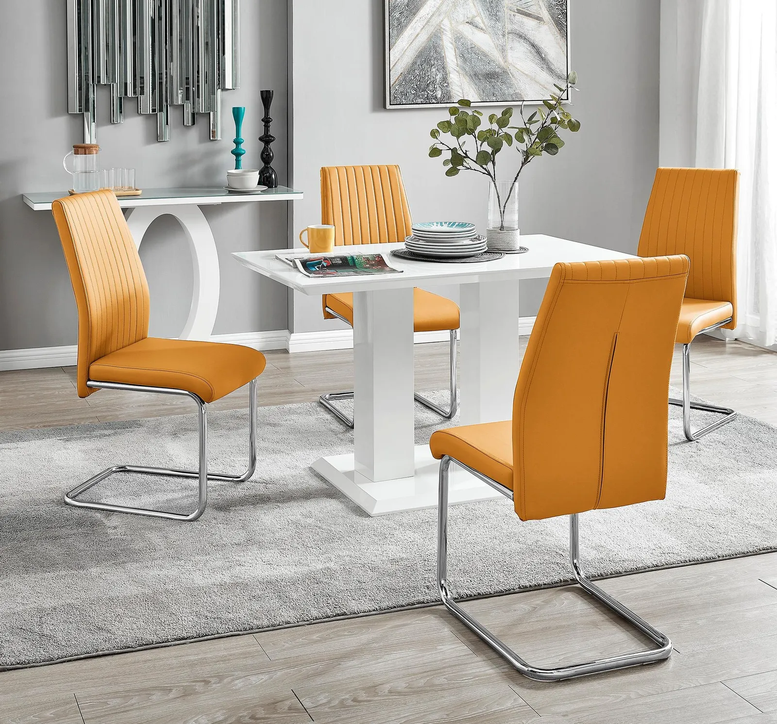 FurnitureboxUK Imperia 4 Seater Modern White High Gloss Rectangular Dining Table & 4 Lorenzo Faux Leather Chairs in Mustard 1