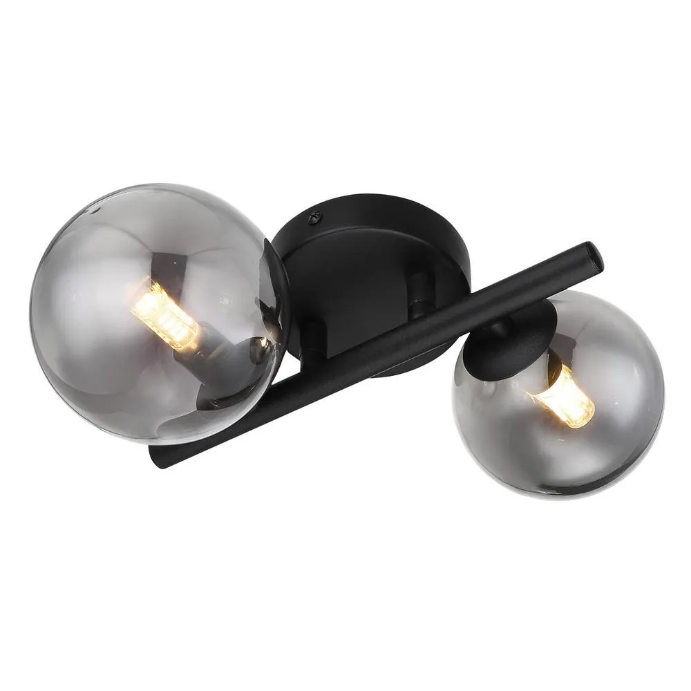 Netlighting Riha Globe Wall Lights Matt Black Smoke Glass Shade 2x G9 3000K
