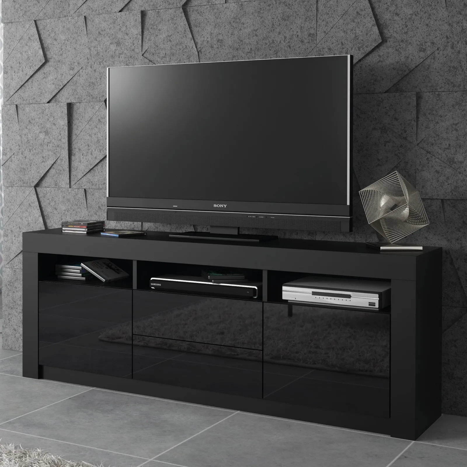Creative Furniture TV Unit 160cm Modern - Black with High Gloss Doors