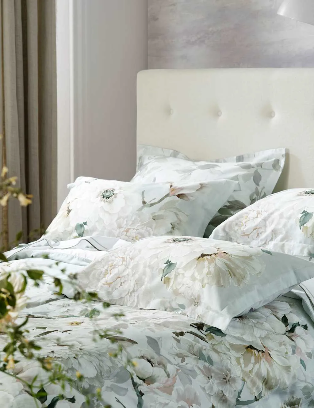 Designers Guild Pure Cotton Sateen Floral Pillowcase Set Grey Mix