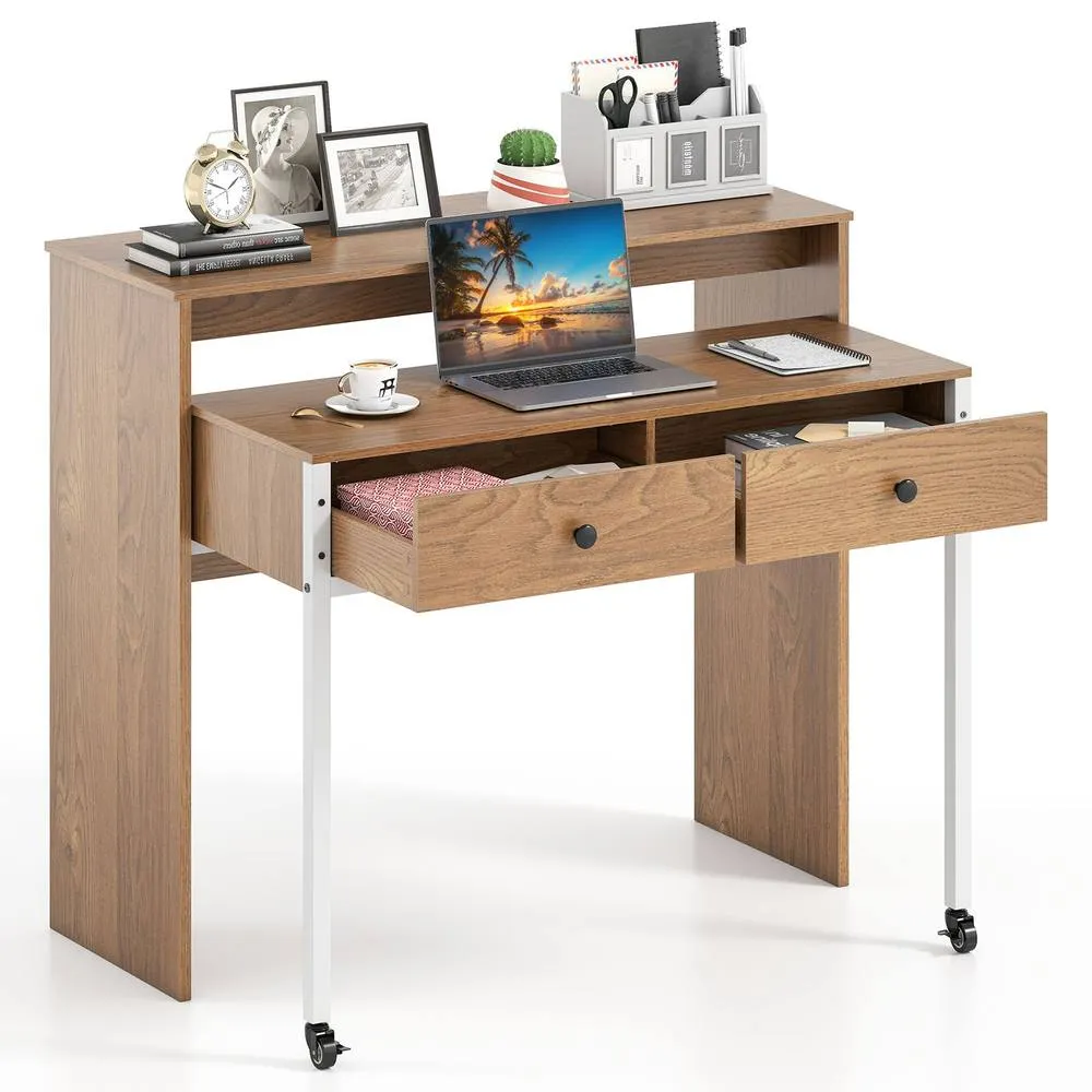 Costway Extendable Computer Desk Convertible Home Office Desk w/ Drawers in Natural 3