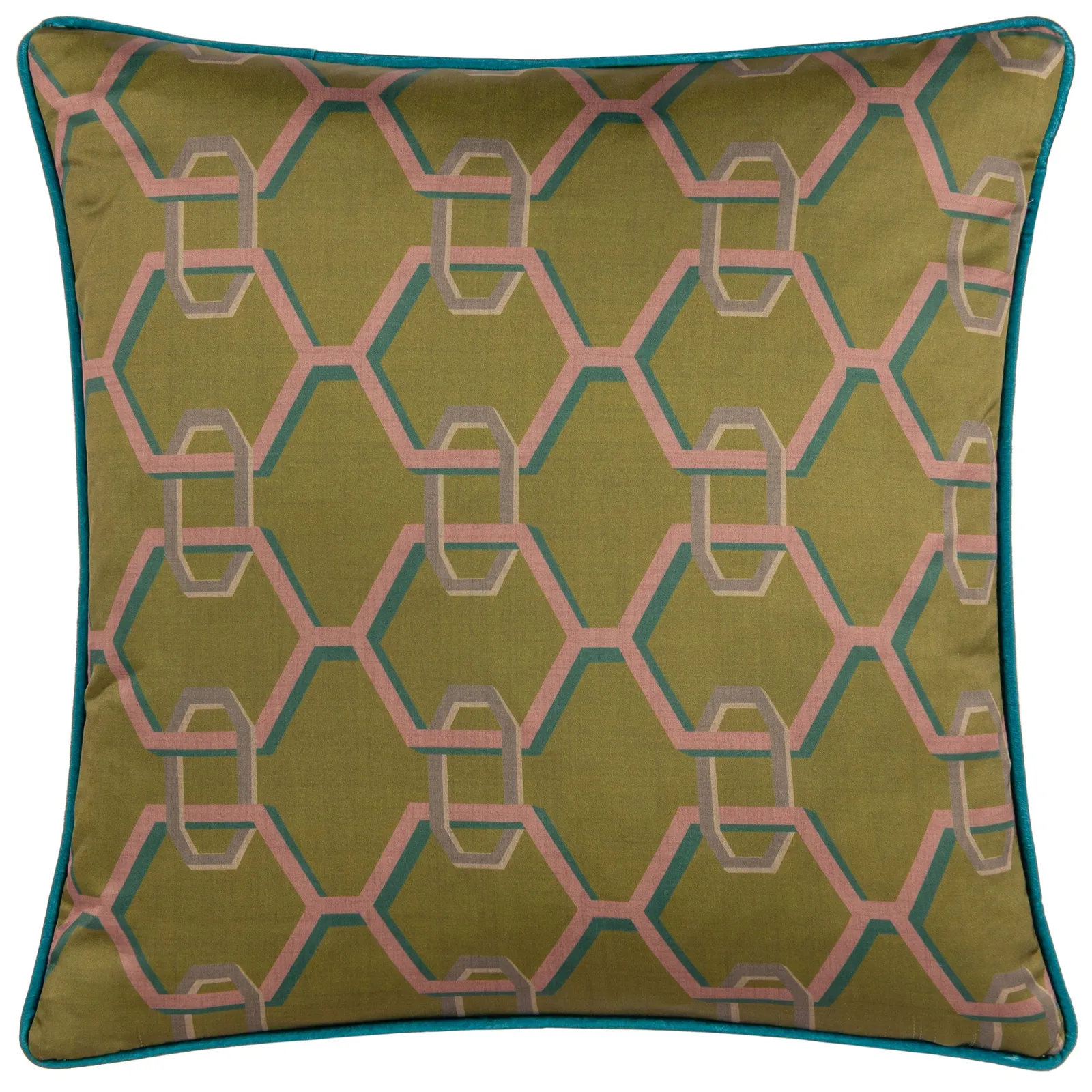 Paoletti Carnaby Chain Geometric Satin Cushion in Olive 2
