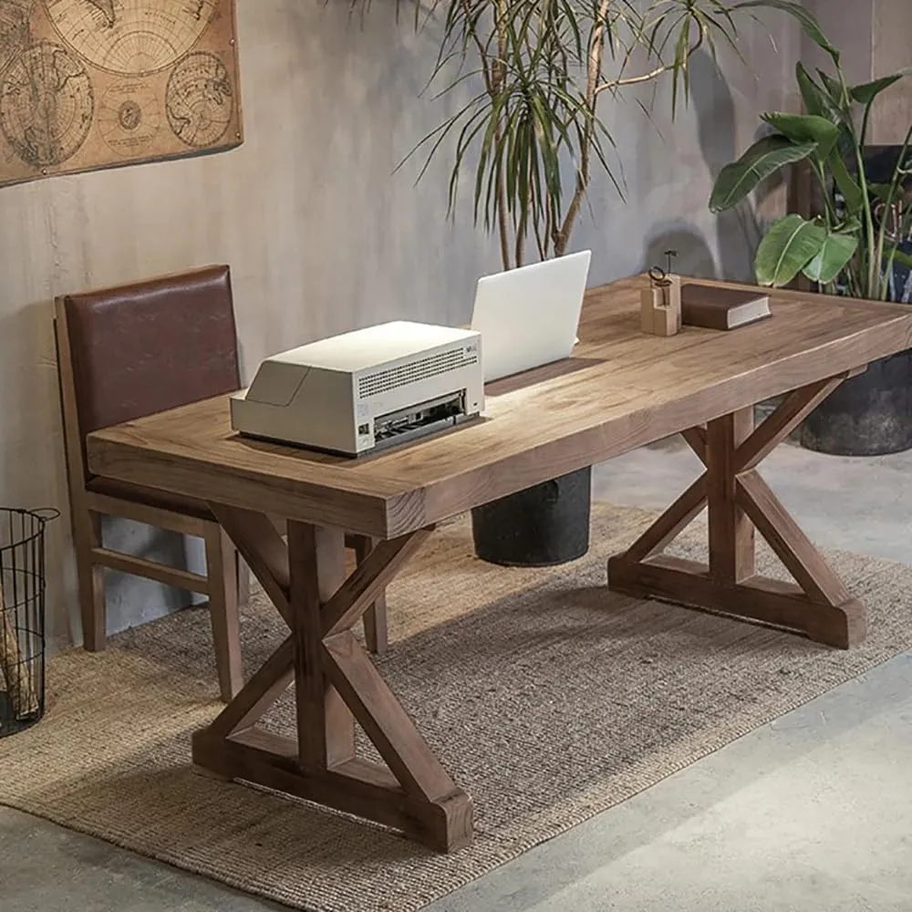 Vintage Style Pine wood Office Writing Desk with Trestle Leg in Natural Farmhouse Home Office Furniture Rectangular (150 cm)