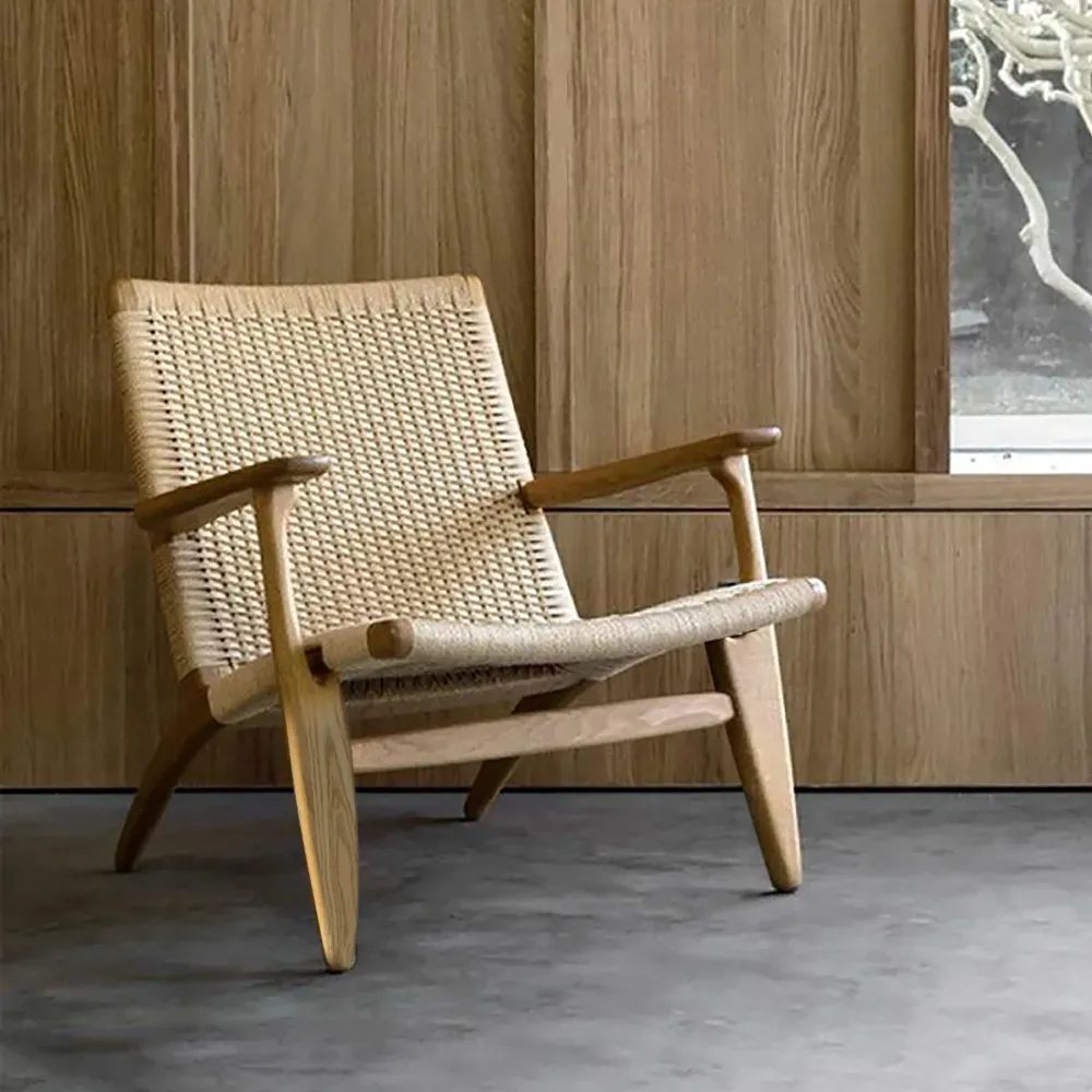 Japandi Solid Wood Outdoor Patio Lounge Chair Armchair Kraft Paper Rope Woven Seat