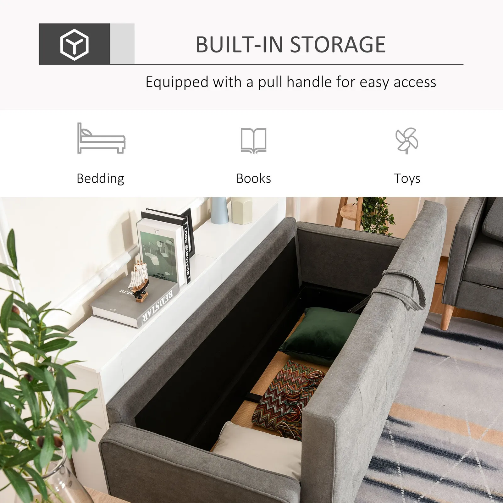 HOMCOM 3 Seater Sofa Button Tufted Fabric Couch Hidden Storage Rubberwood in Grey 4