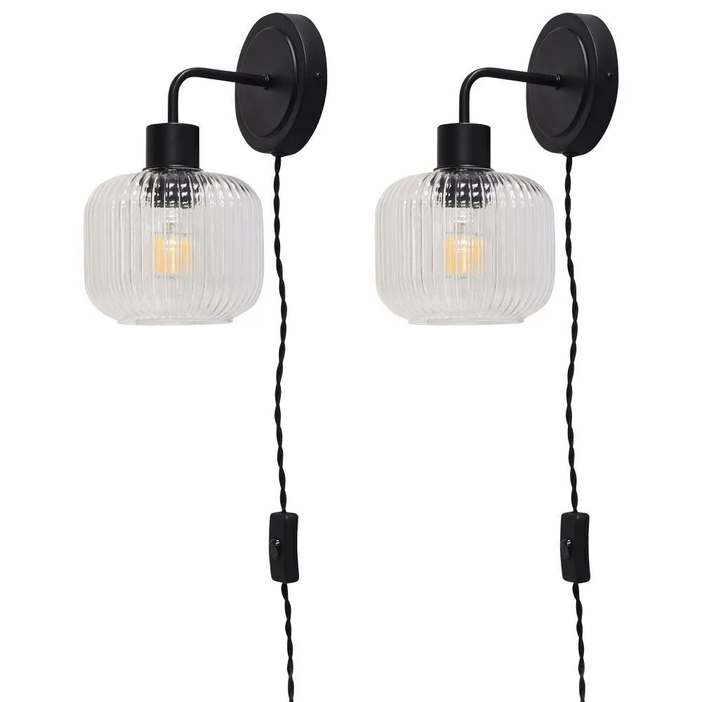 First Choice Lighting Set of 2 Toby - Black Plug in Wall Lights Ribbed Glass Shades