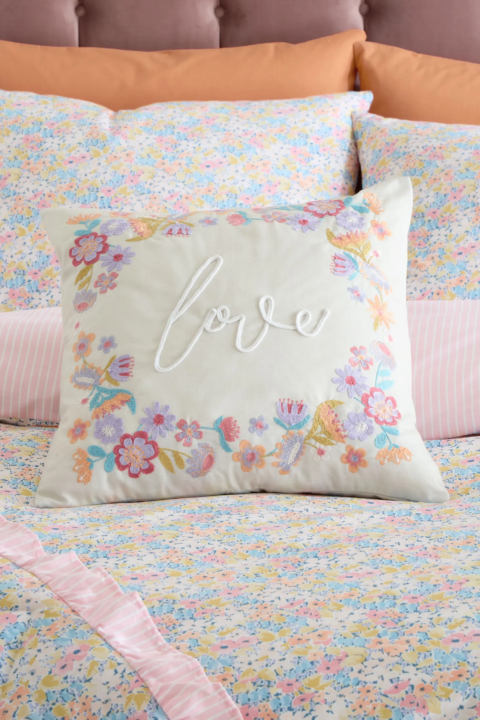 Catherine Lansfield 'Love' Embroidered Cushion in Natural