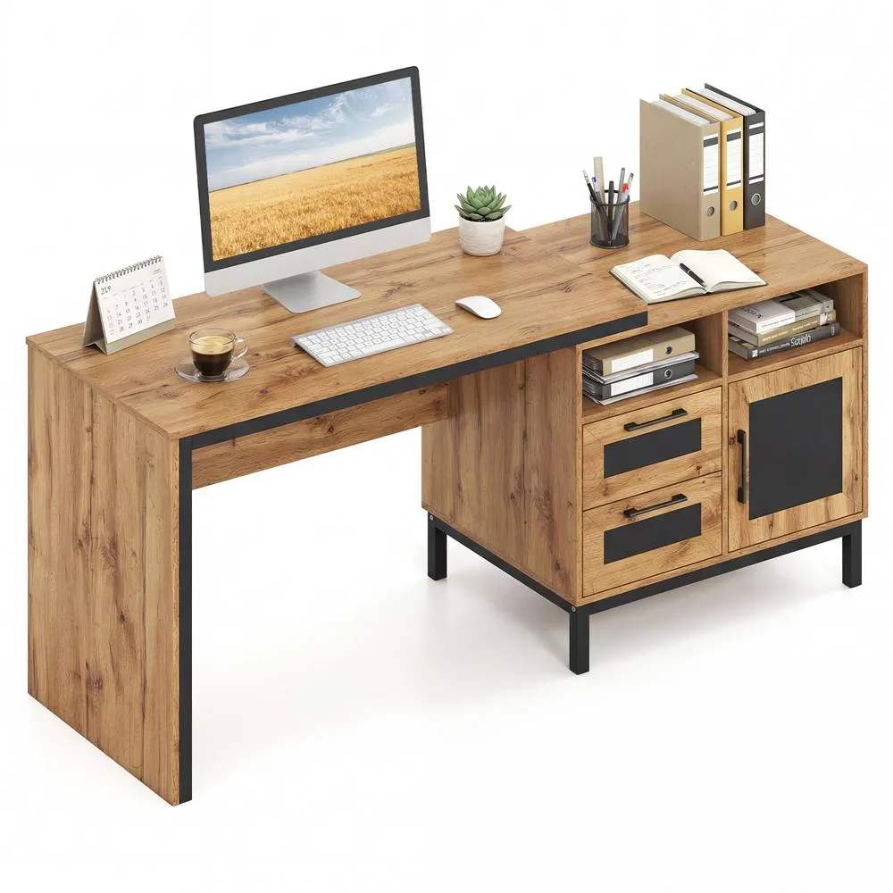 Costway 181cm Executive Desk Wooden Computer Table Workstation w/ Drawers in Natural 2