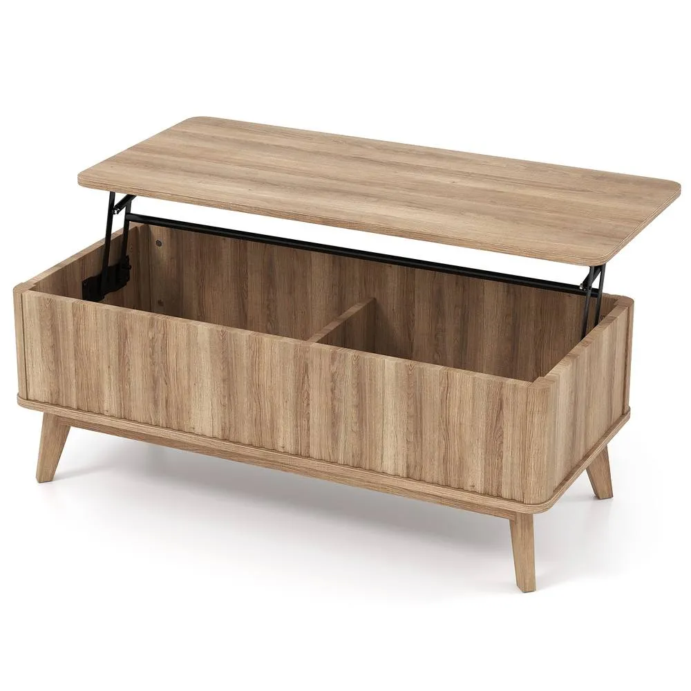 Costway Fluted Lift Top Coffee Table 110CM Rectangle Wooden Center Table in Light Brown
