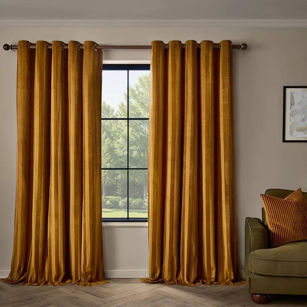 Paoletti Regency Stripe Velvet Fully Lined Eyelet Curtain Pair in Gold 2