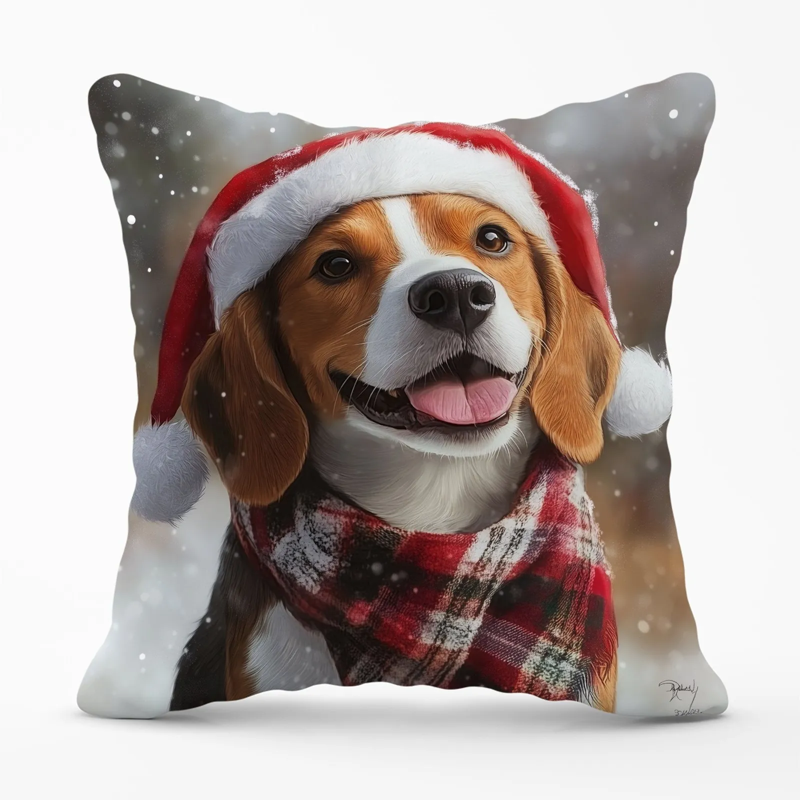 Warren Reed - Designer Christmas Beagle Cushion in Brown