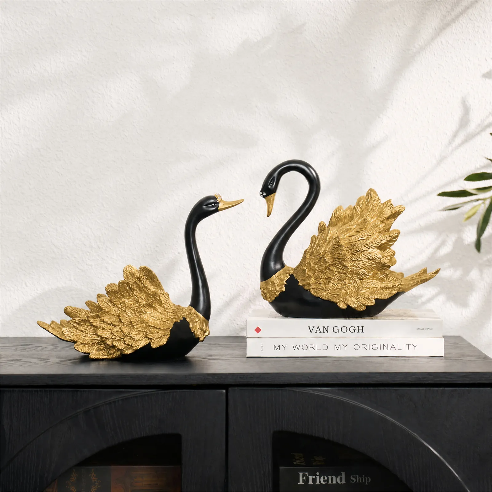2-Piece Resin Swan Figurines, Black & Gold Decorative Storage Set