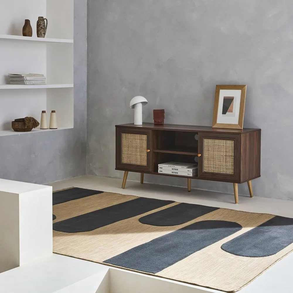 sweeek 120cm Tv Unit Wooden & Cane Effect 2 Doors in Dark Brown 6