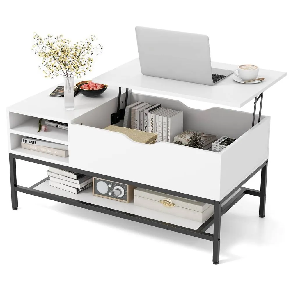 Costway Modern Lift Top Coffee Table Side Table Snack Table w/ Storage Shelf in White 3