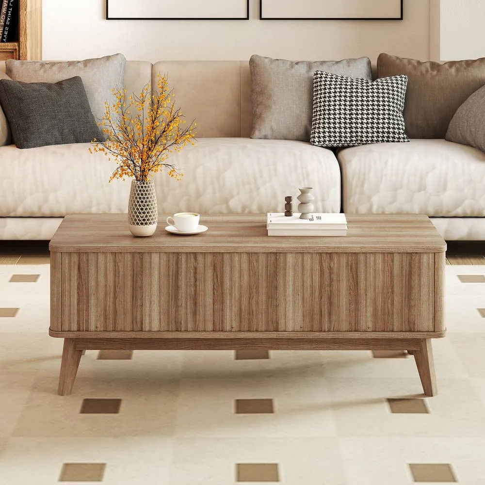 Costway Fluted Lift Top Coffee Table 110CM Rectangle Wooden Center Table in Light Brown 4
