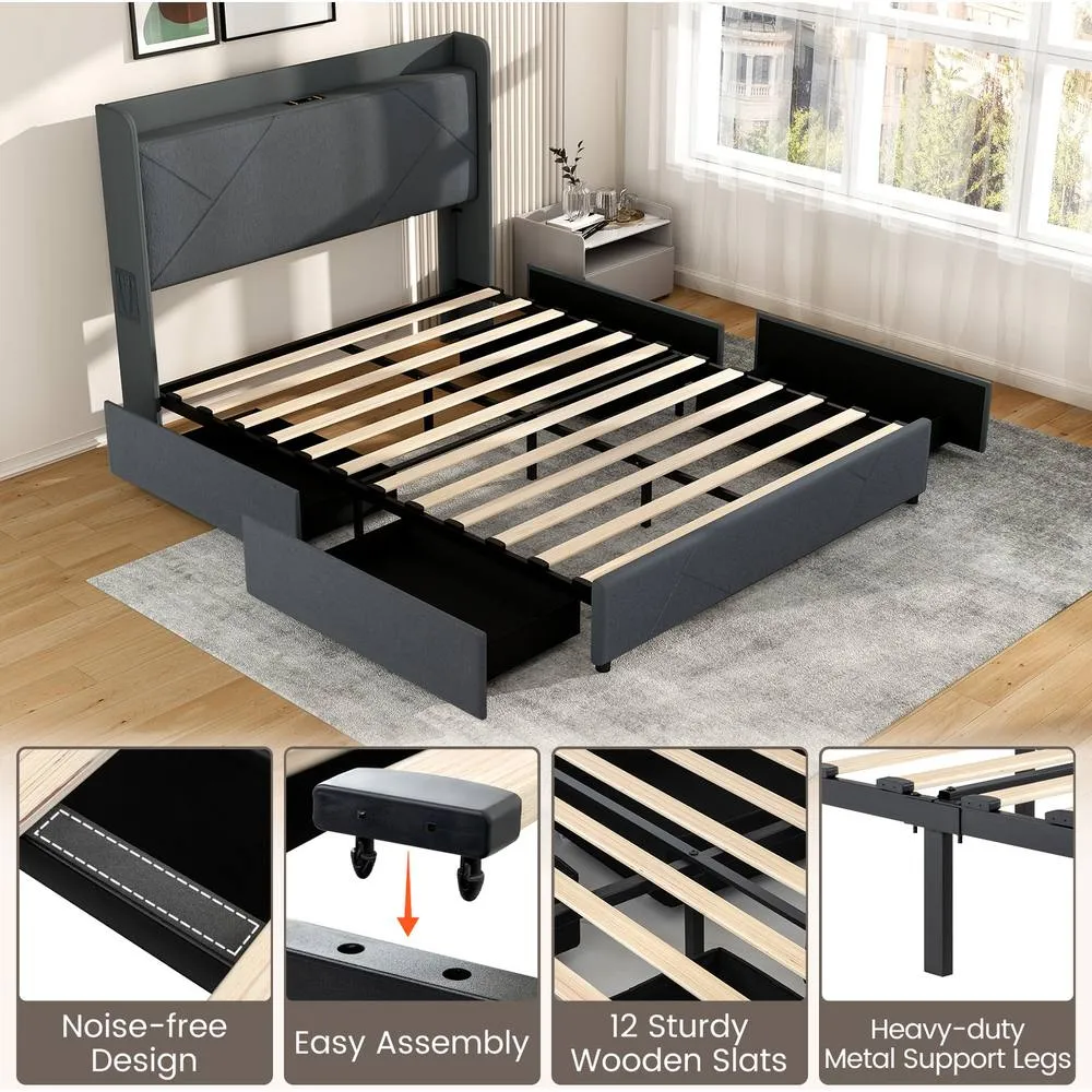 Costway King Size Bed Frame with RGB LED Lights Storage Headboard & 4 Drawers in Grey 3