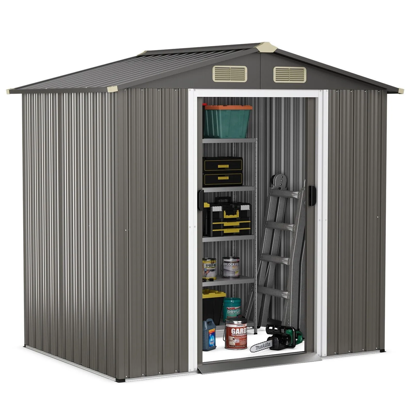 Costway 6 x 4 FT Outdoor Storage Shed Galvanized Steel Shed w/ Lockable Sliding Door in Grey