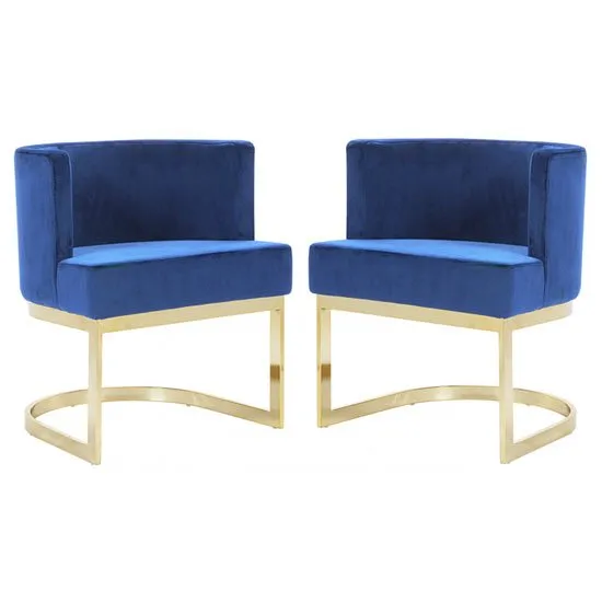 Lauro Blue Velvet Dining Chairs In Pair With Gold Legs