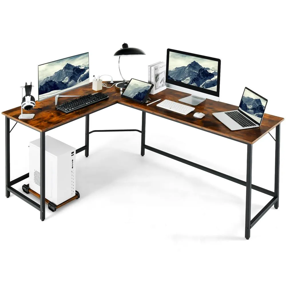Costway L-Shaped Home Office Desk Computer Corner Desk Gaming Table with CPU Stand in Brown