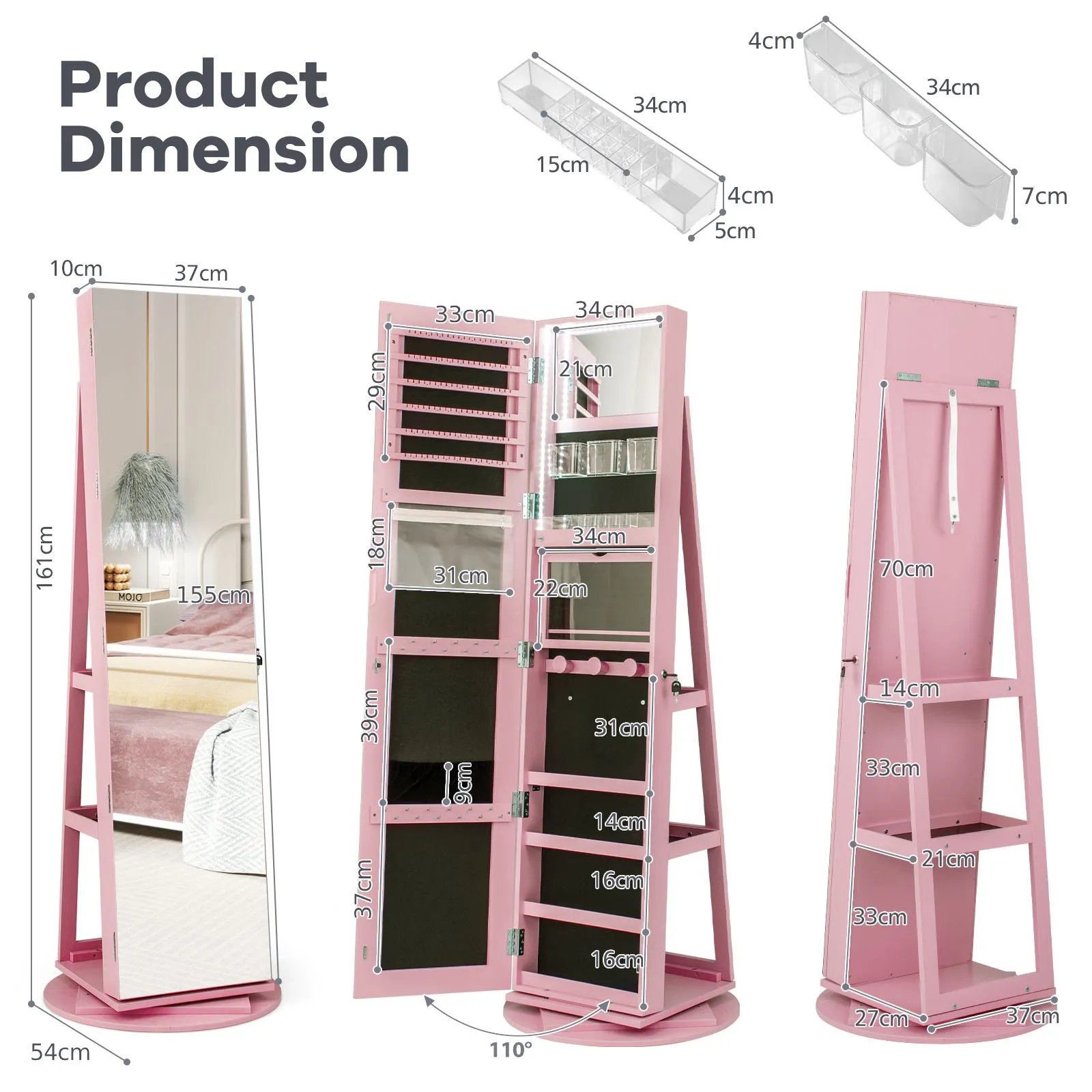 Costway 360° Rotating Jewelry Armoire Standing Jewelry & Makeup Cabinet in Pink 2