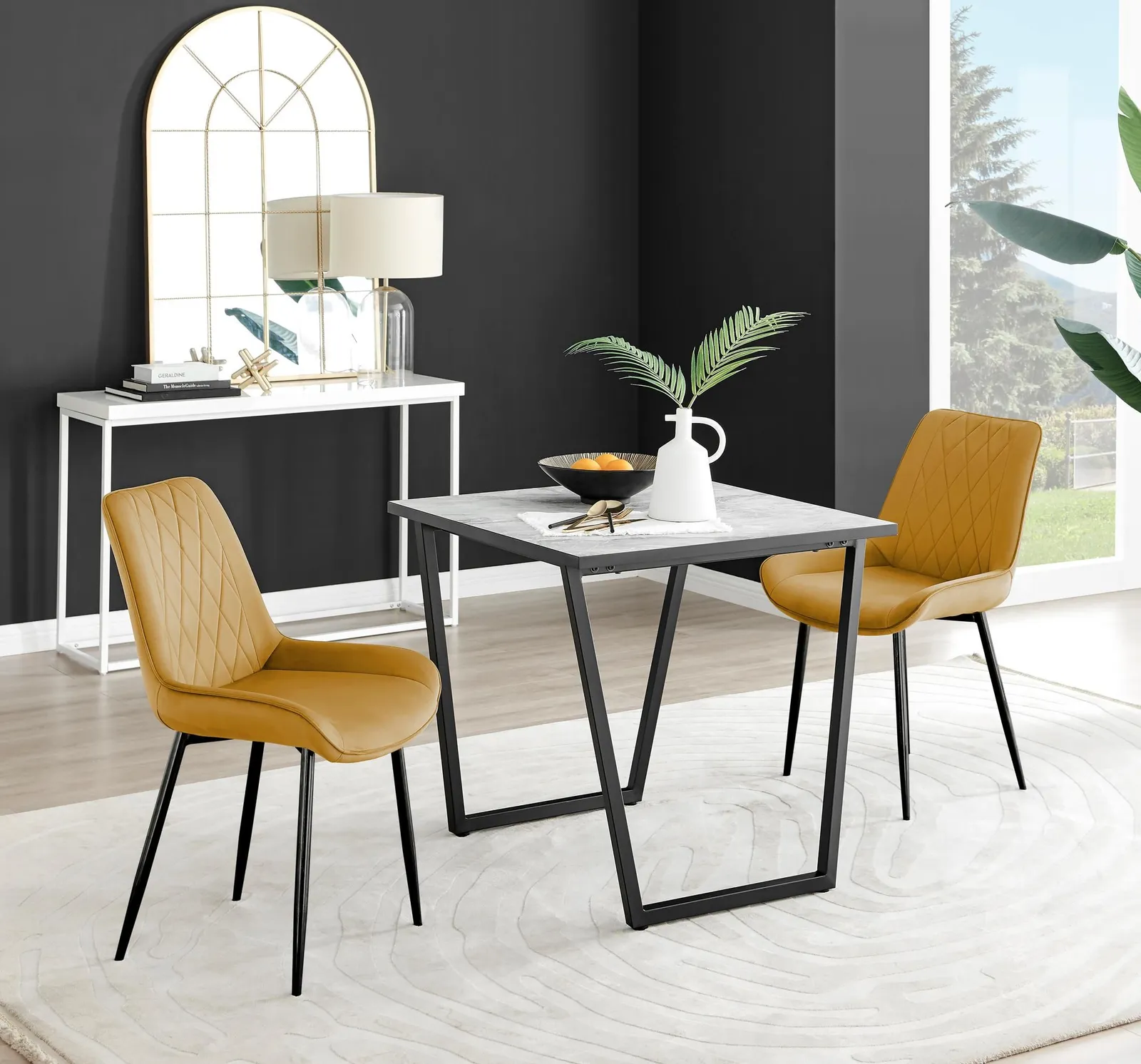 FurnitureboxUK Carson White Marble Effect Square Dining Table & 2 Velvet Pesaro Black Leg Chairs in Mustard