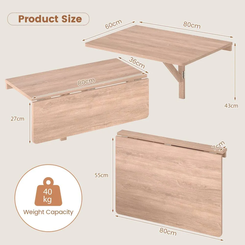 Costway Wall Mounted Wooden Folding Table 80x60cm Drop-Leaf Writing Desk in Natural 3