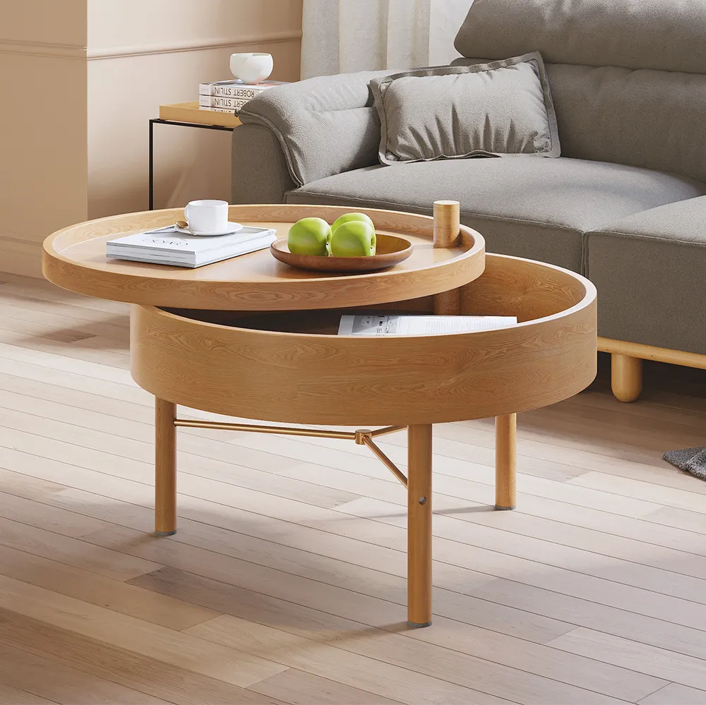 600mm Round Rotating Tray Coffee Table with Storage & Metal Legs