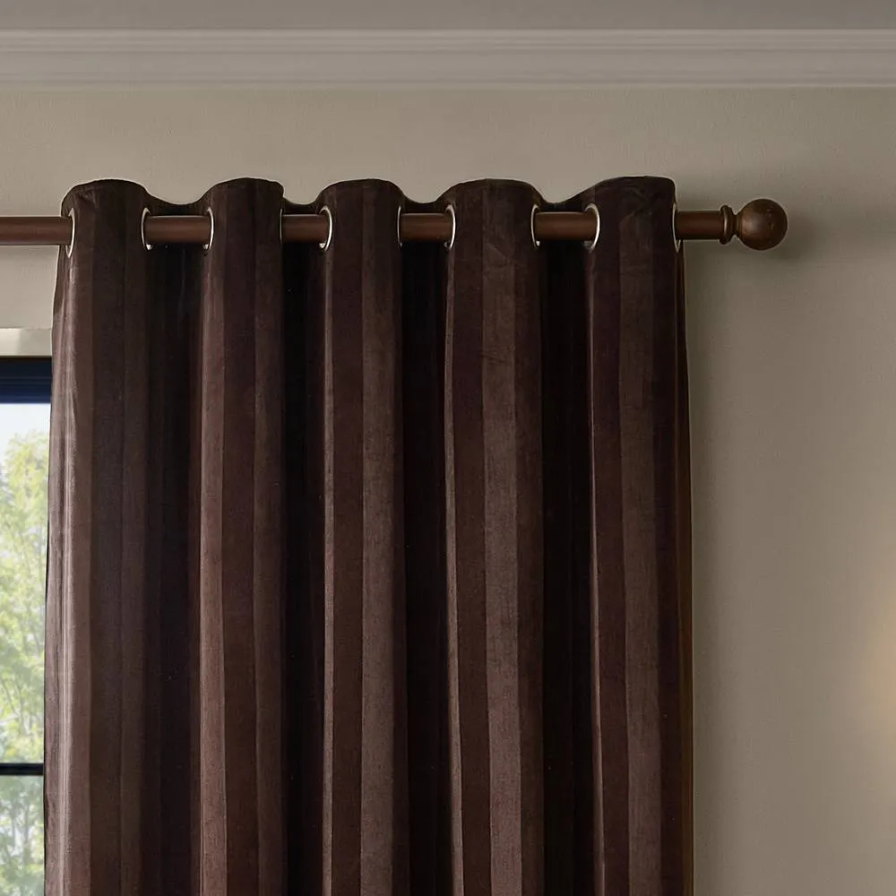 Paoletti Regency Stripe Velvet Fully Lined Eyelet Curtain Pair in Chocolate 3