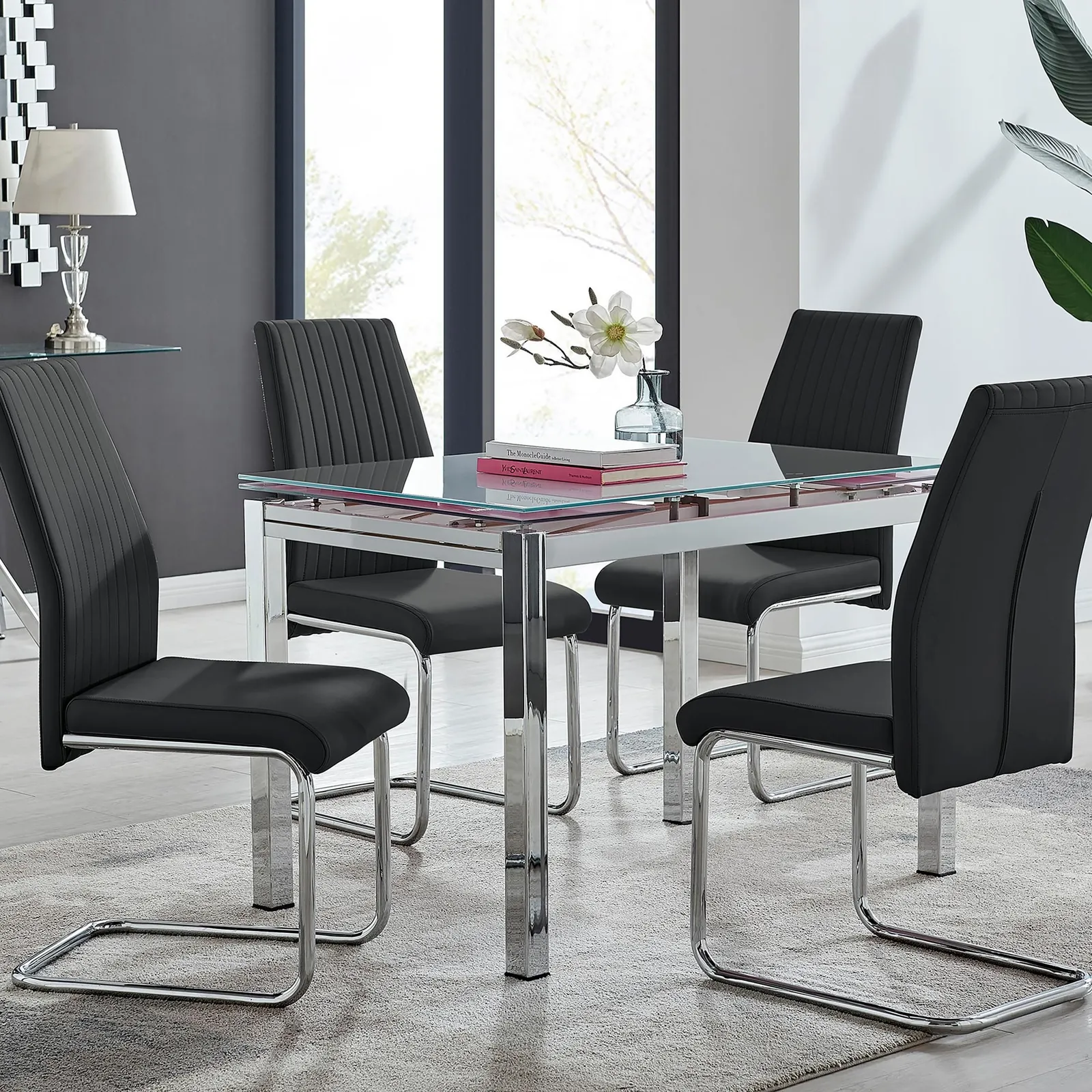 FurnitureboxUK Enna White Glass Extending 4-6 Seater Dining Table & 4 Lorenzo Faux Leather Chairs in Black 1