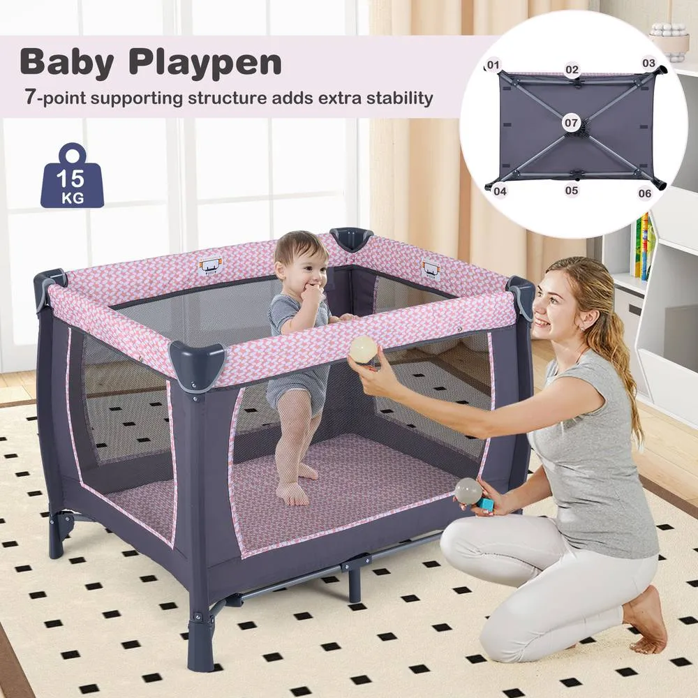 Costway Foldable Pack &Play Portable Baby Playard w/Rocking Bassinet&Music Box in Pink 6