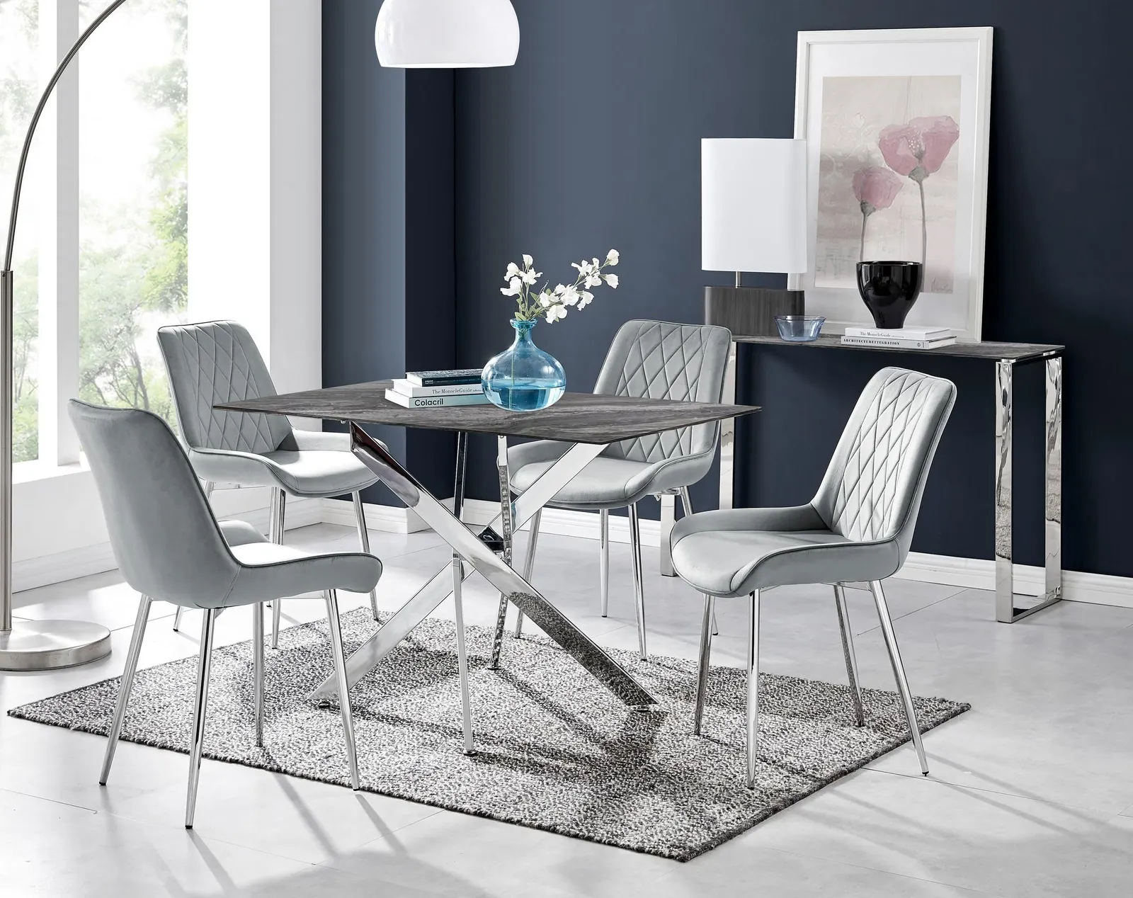 FurnitureboxUK Leonardo Grey Glass Marble Effect Silver Leg Table & 4 Pesaro Silver Chairs