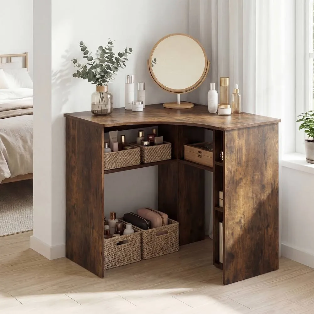 Costway Triangle Corner Computer Desk with Charging Station & Open Shelves in Brown 3