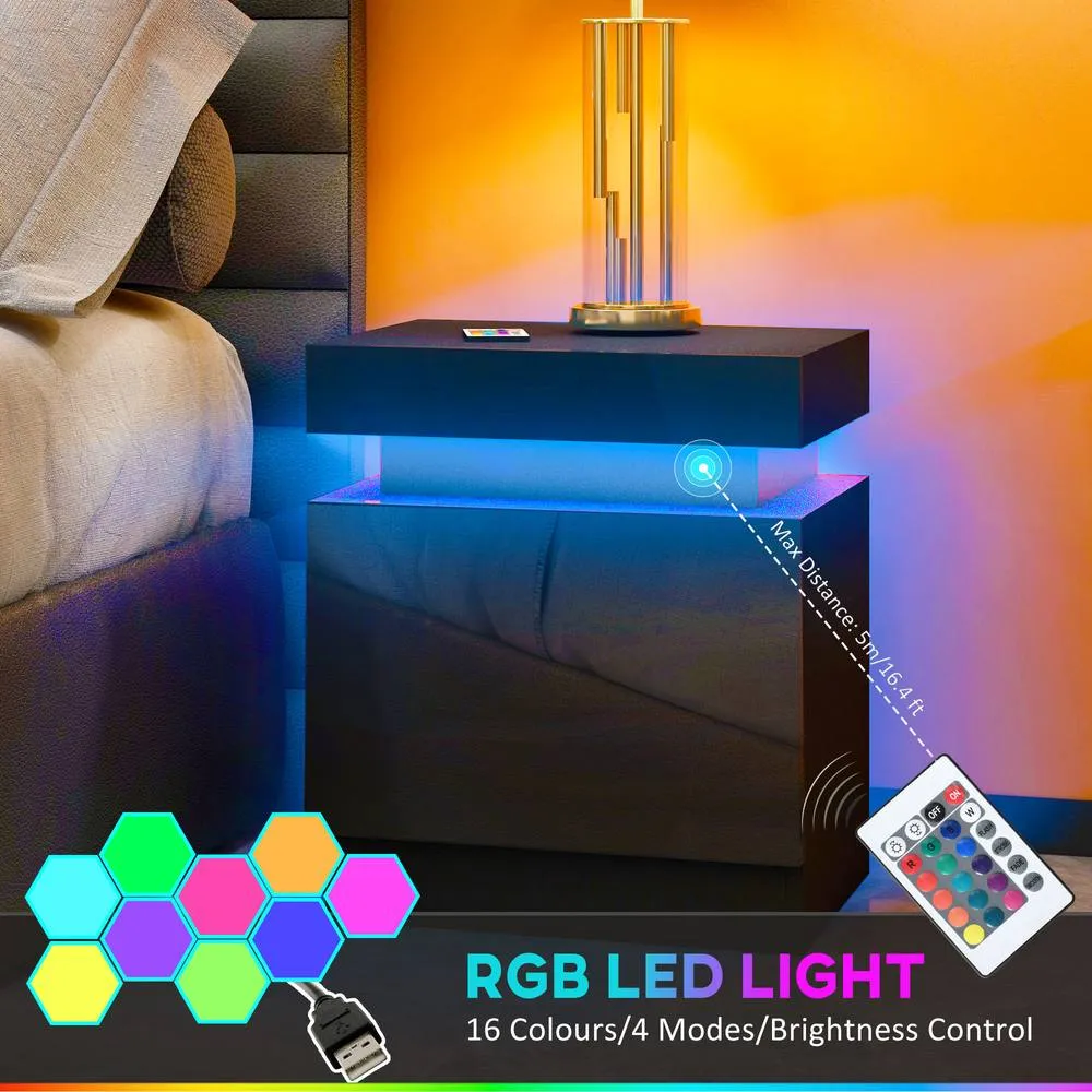HOMCOM High Gloss Bedside Table Set of 2 with LED Light & 2 Drawers, Black 4